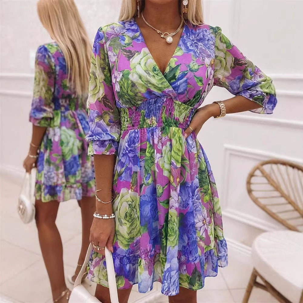 Printed V-neck chiffon dress
